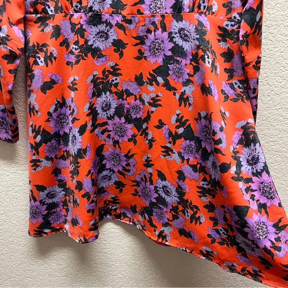 FREE PEOPLE Parker Floral Print Long Sleeve Boho Mini Dress Orange Sz 12 - Picture 7 of 13